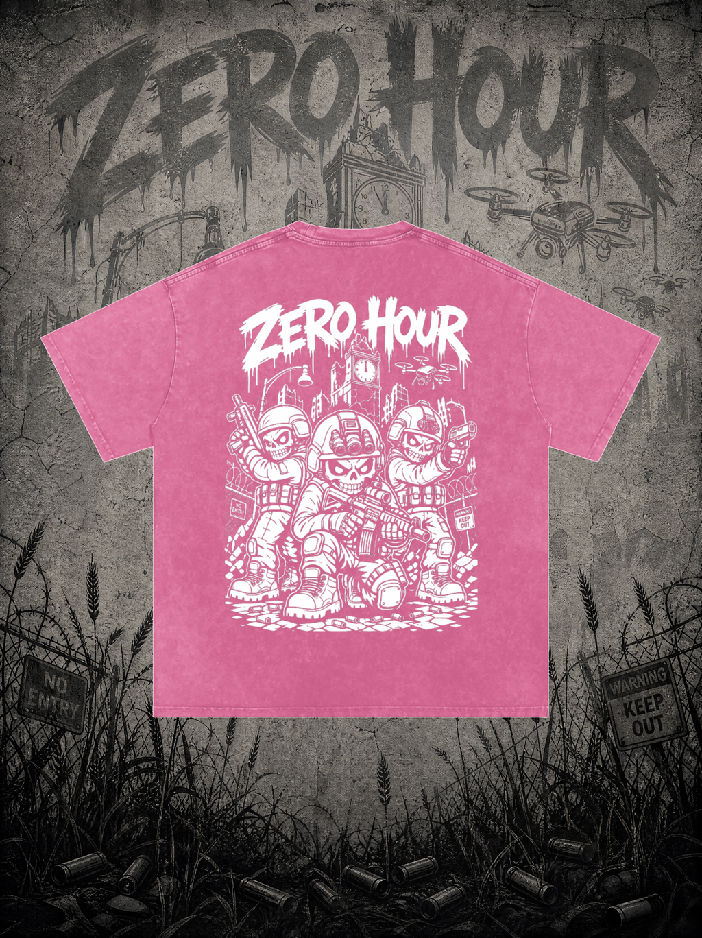 Pink t-shirt with 'Zero Hour' graphic design on a textured background
