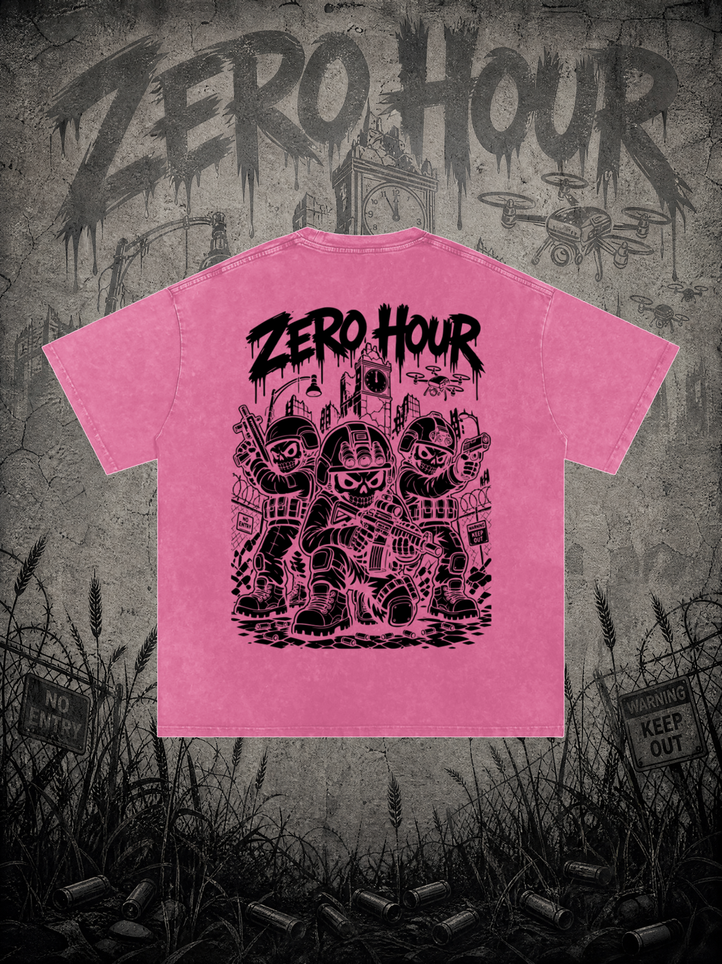 Pink t-shirt with 'Zero Hour' graphic design on a textured background
