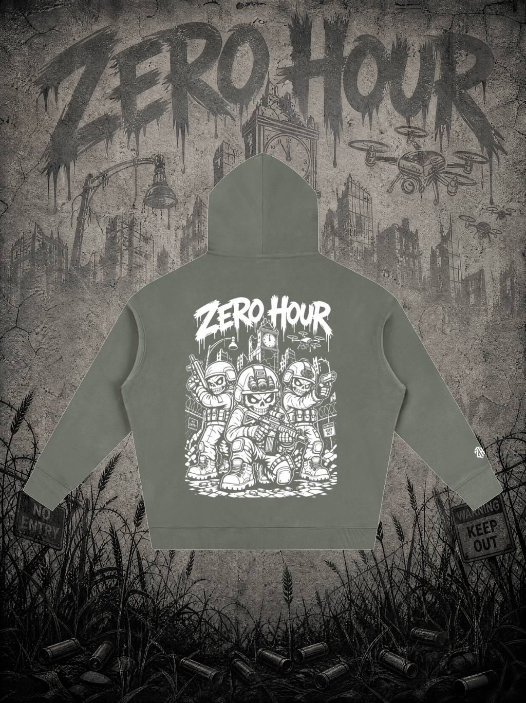 Green hoodie with 'Zero Hour' graphic design on a textured wall background