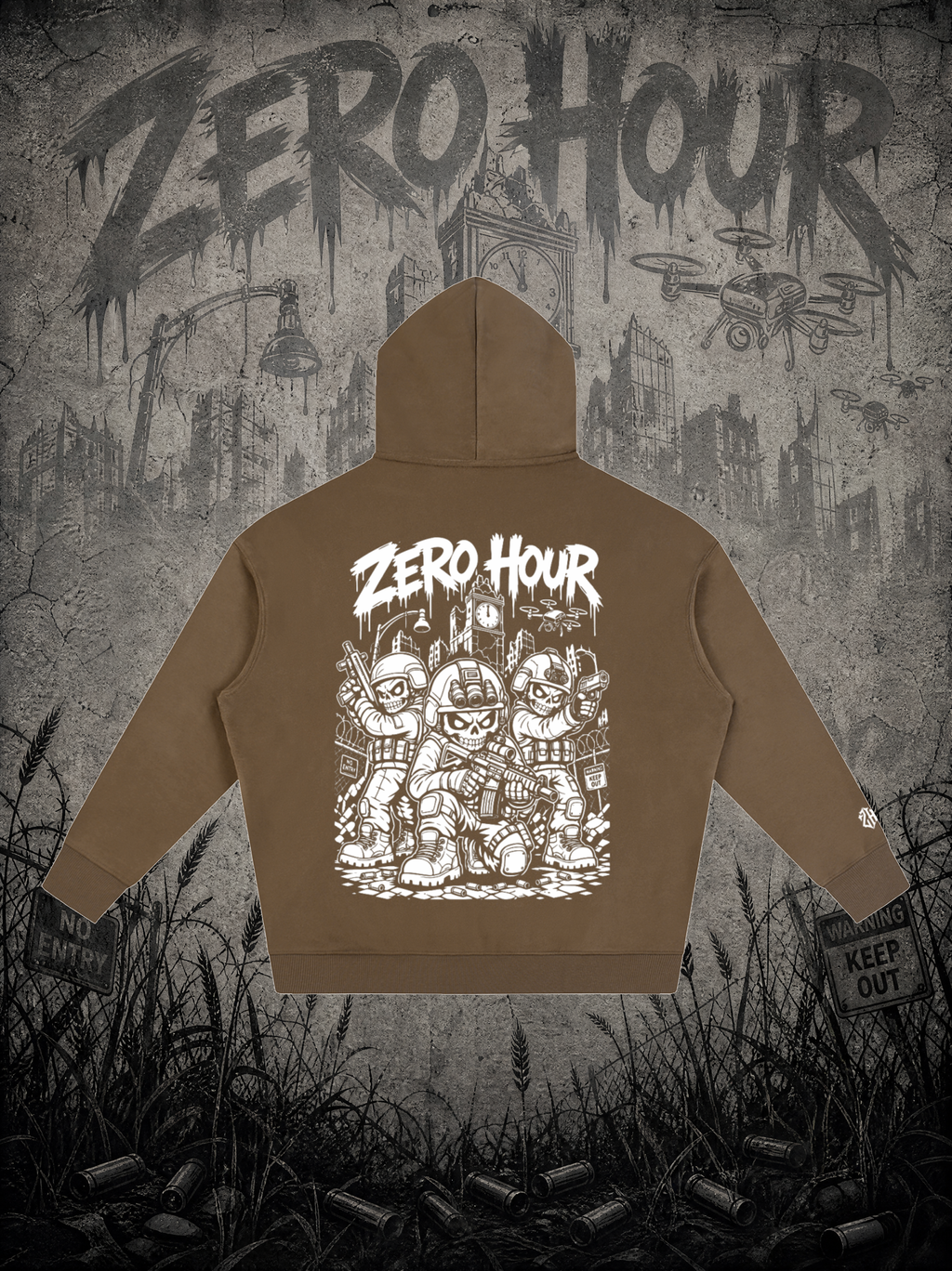 Brown hoodie with 'Zero Hour' graphic design on a dark, urban-themed background