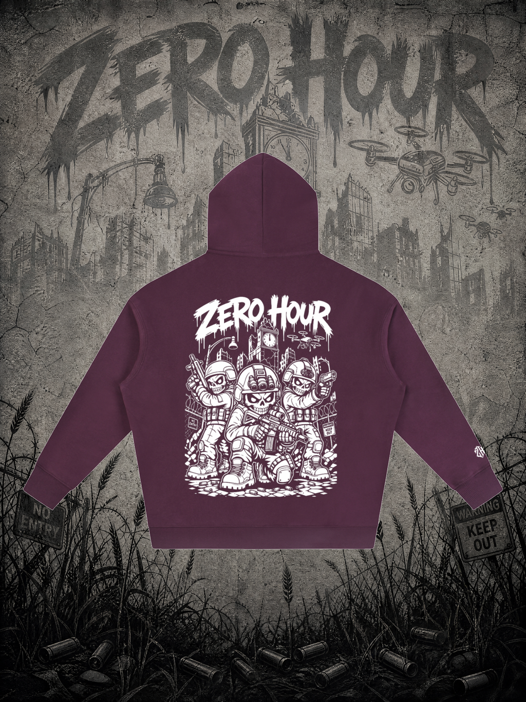 Maroon hoodie with 'Zero Hour' graphic design on a dark, urban-themed background