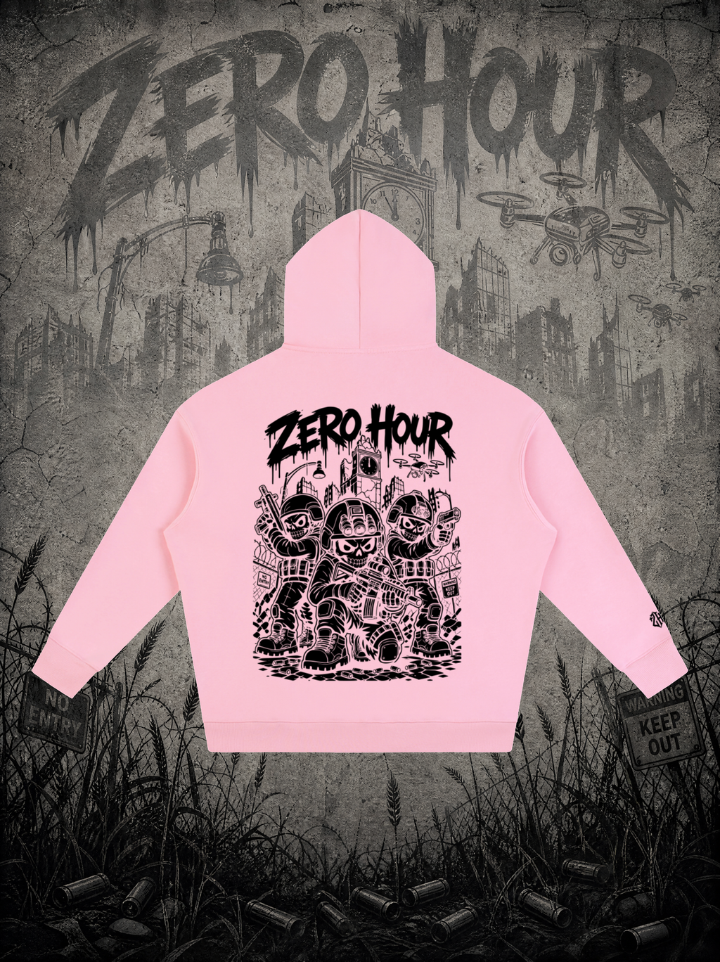 Pink hoodie with 'Zero Hour' graphic design on a dark, urban-themed background