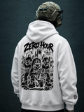 Person wearing a white hoodie with 'Zero Hour' graphic design on the back against a dark background