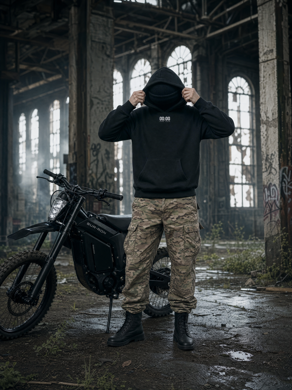 Person wearing a black hoodie with text, standing next to a motorcycle in an abandoned building.